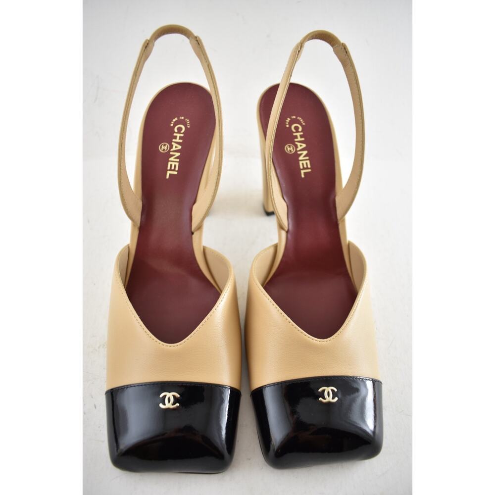 Chanel 26S Blazy Beige Black Square Toe Sling CC Slingback Block Heel Pump 40 - Picture 7 of 16